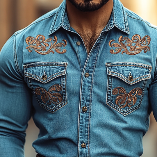 Men's Western Cowboy Style Embroidered Lapel Chest Pocket Long Sleeve Denim Shirt 9905398284472