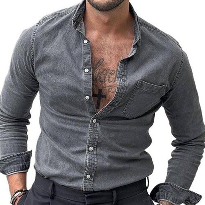 Men's Vintage Washed Denim Slim Fit Long Sleeve Shirt 9901327548600
