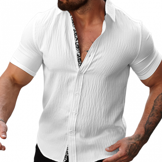 Men's Casual Cotton Linen Pleated Colorblock Lapel Slim Fit Short Sleeve Shirt DTT25060312