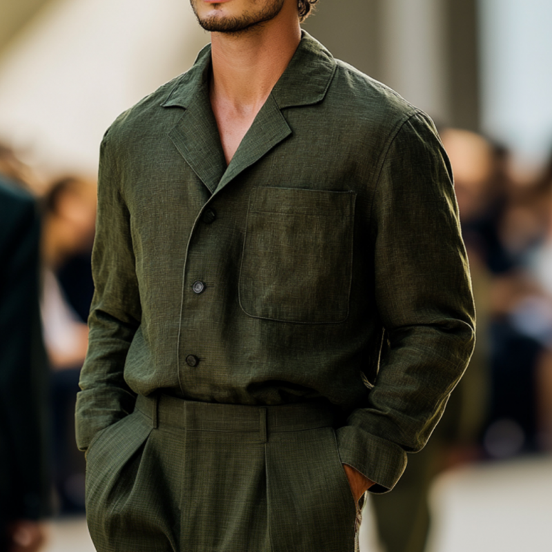 Men's Casual Breathable Linen Notched Lapel Patch Pocket Loose Long Sleeve Shirt DDT25052906