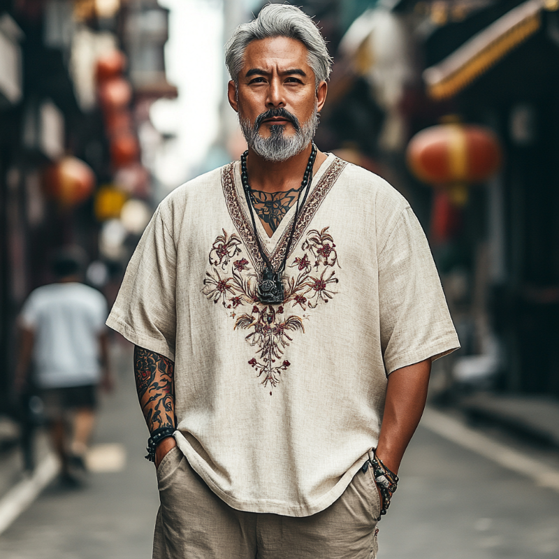 Men's Casual Vintage V-neck Cotton Blend Embroidered Short-sleeved T-shirt 9912946557112