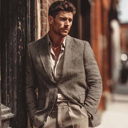 Men's Vintage Herringbone Textured Single-Breasted Blazer DTT25081216