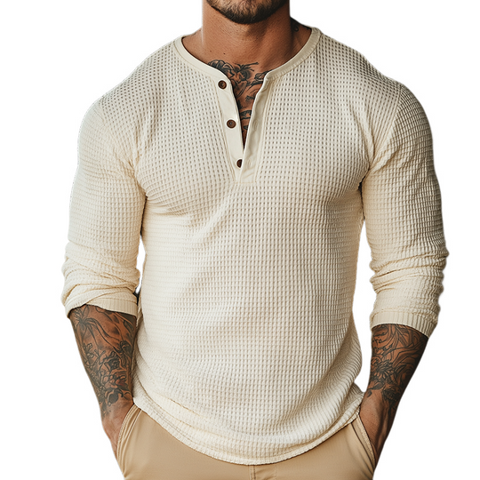 Men's Retro Casual Waffle Henley Neck Long Sleeve T-Shirt DTT25082504