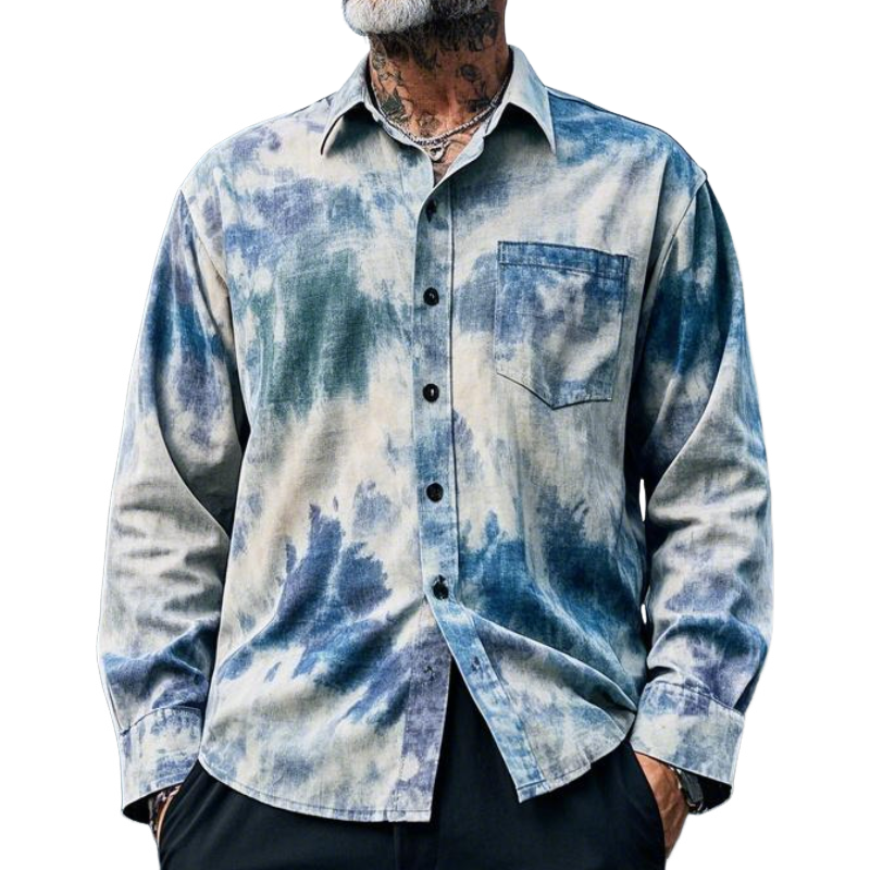 Men's Casual Vintage Lapel Tie-dye Printed Cotton Blend Long-sleeved Shirt 9912947146936