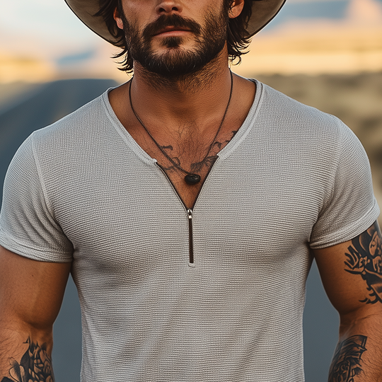 Men's Casual Classic American Western Tough Guy Style Knitted Waffle V-neck Zipper Slim Short-sleeved T-shirt DTT25053015
