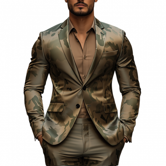 Men's Casual Camouflage Print Satin Notch Lapel Single Breasted Slim Fit Blazer DTT25080106