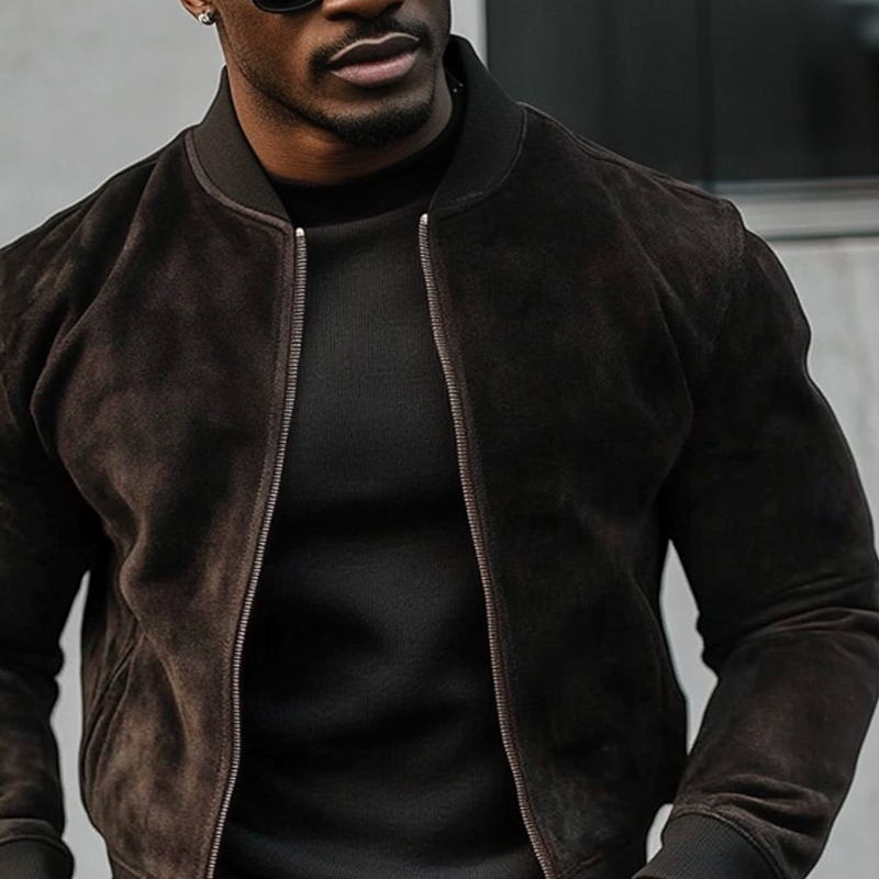 Men's Vintage Solid Color Faux Suede Stand Collar Zipper Jacket DTT25082917