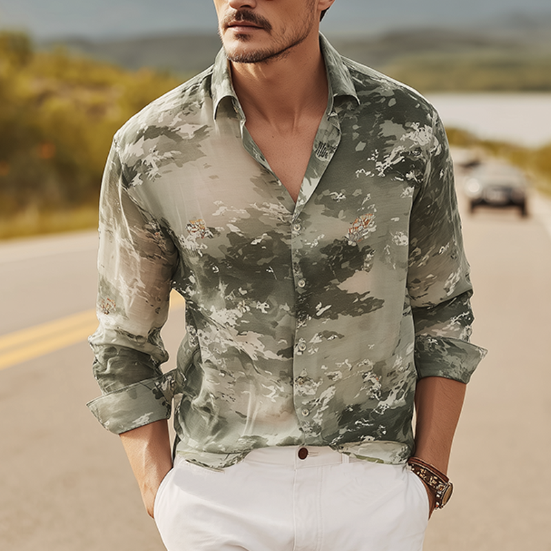 Men's Spring And Summer Fashion Casual Chiffon Slightly Transparent Sexy Art Print Long-sleeved Shirt DTT25071108
