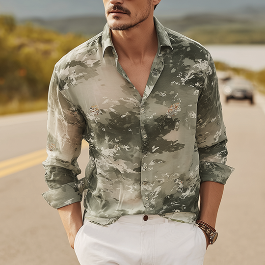 Men's Spring And Summer Fashion Casual Chiffon Slightly Transparent Sexy Art Print Long-sleeved Shirt DTT25071108