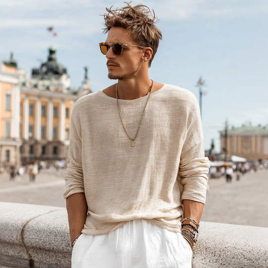 Men's Casual Solid Color Breathable Soft Cotton Round Neck Loose Long Sleeve T-shirt DTT25070209