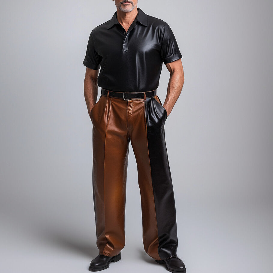 Men's Single Pleated Slant Pocket Colorblock PU Leather Wide Leg Pants 9906596610232
