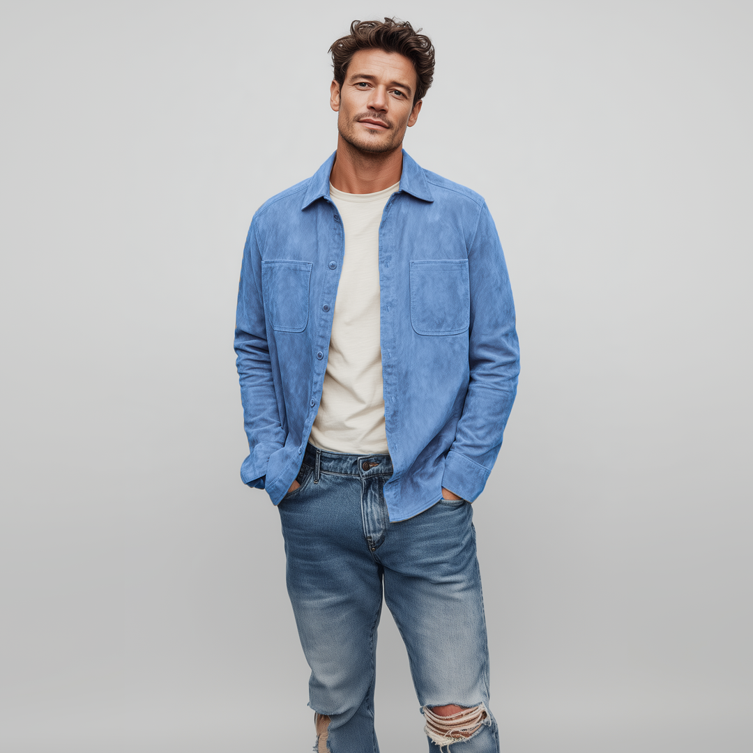Men's Classic Casual Thin Suede Solid Color Multi-Pocket Long Sleeve Shirt DTT25072110