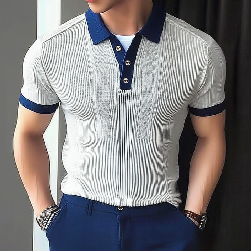Men's Business Knitted Colorblock Polo Neck Short Sleeve T-Shirt DTT25072310