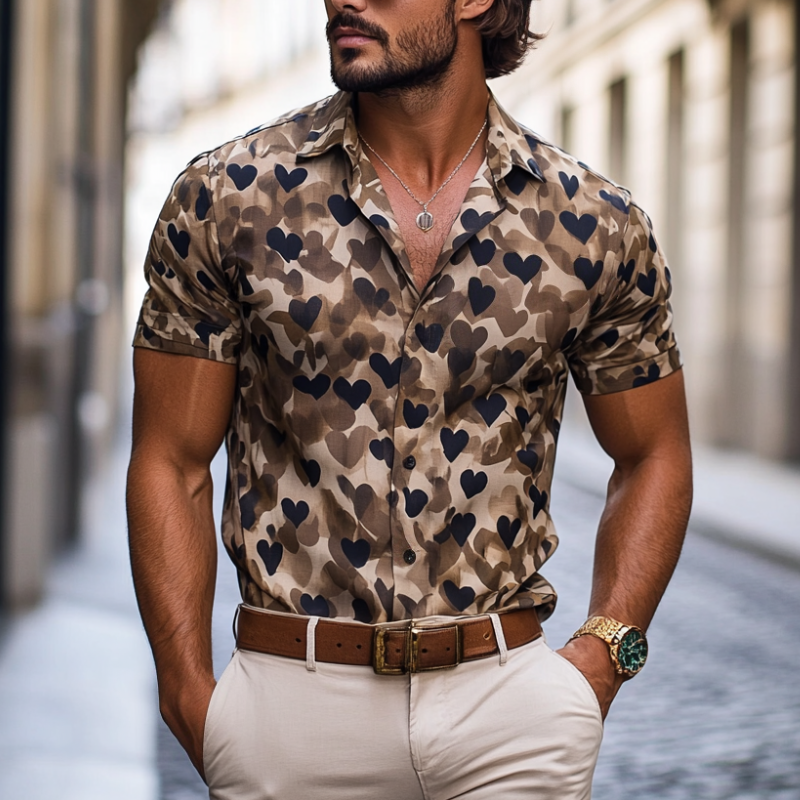 Men's Camouflage Heart Print Lapel Short Sleeve Casual Shirt DTT25060908