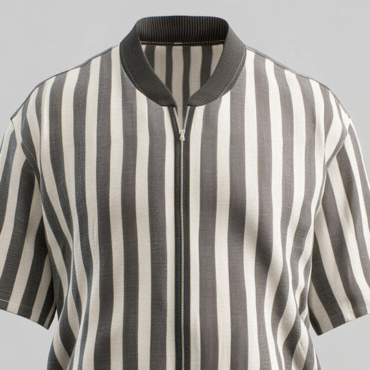 Men's Striped Stand Collar Zipper Half Sleeve Jacket 9914188726456
