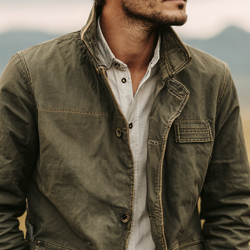 Men's Washed Cotton Stand Collar Multi-pocket Cargo Jacket DTT25090408