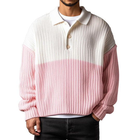 Men's Casual Contrast Color Polo Collar Loose Knit Long Sleeve Pullover Sweater DTT25082801