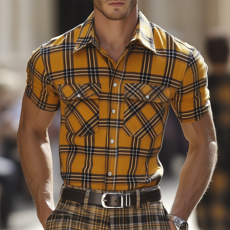 Men's Summer Classic Yellow Plaid Short Sleeve Shirt DTT25072512