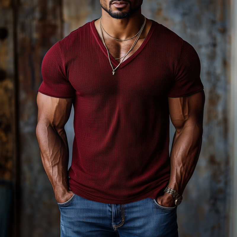 Men's Casual Sports Breathable Waffle V-neck Tight Short-sleeved T-shirt DTT25072417