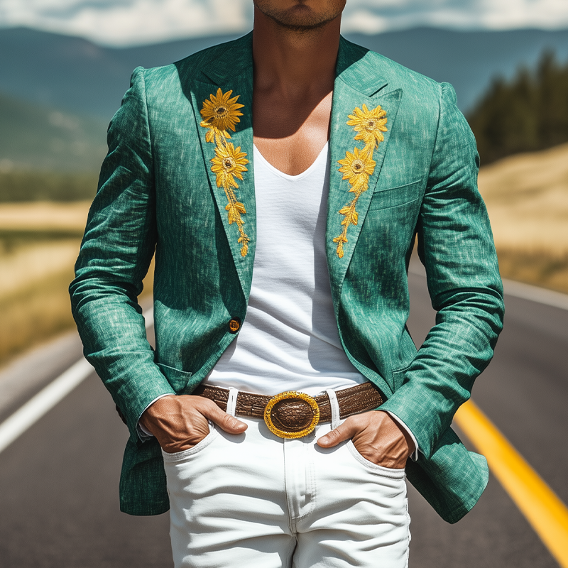 Men’s Spring and Summer Thin Fashion Casual American Retro Western Tough Style Cotton And Linen Texture Embroidery Slim Fit Single-breasted Blazer DTT25061715