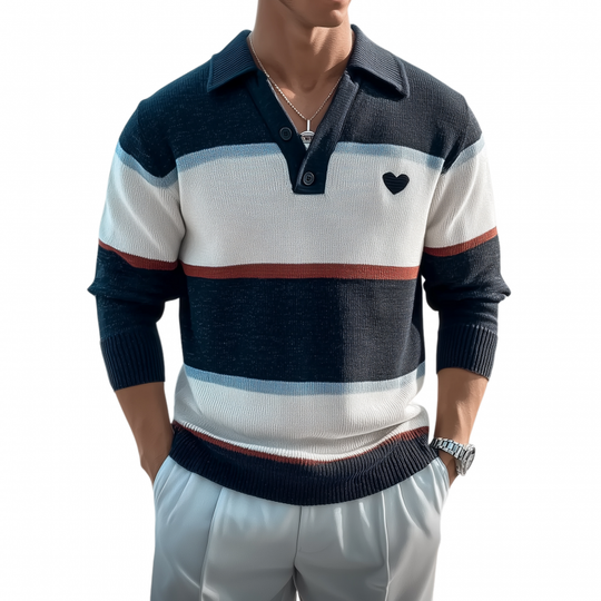 Men's Casual Breathable Lapel Contrast Striped Loose Knit Long-sleeved Polo Shirt DTT25080404