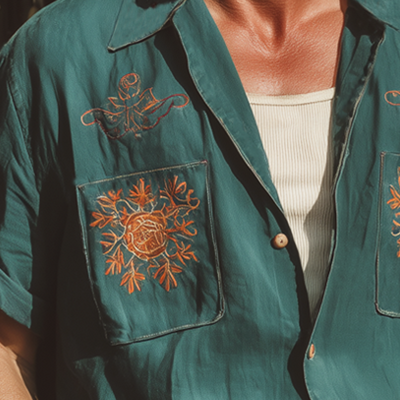 Men's Summer Retro Contrast Embroidery Short Sleeve Shirt DTT25061806