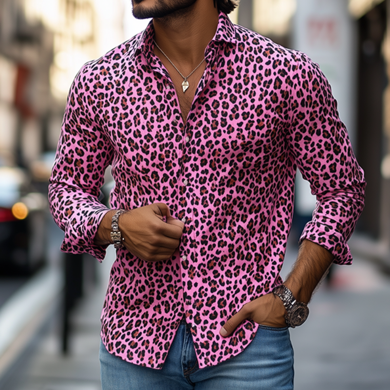 Men's Fashion Casual Leopard Print Slim Fit Long Sleeve Shirt 9911545430200