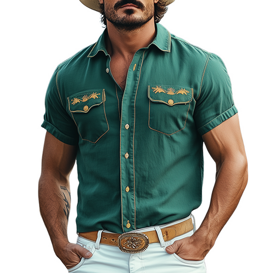 Men's Casual American Western Tough Style Cotton Blend Embroidered Slim Short Sleeve Shirt DTT25061719