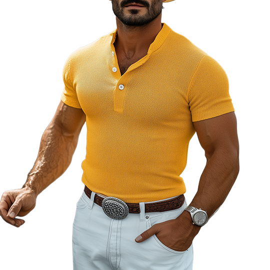 Men's Spring And Summer Fashion Casual Western Style Henley Collar Slim Fit Knit Short Sleeve T-Shirt DTT25060623