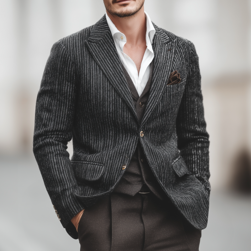 Men's Vintage Wool Blend Striped Peak Lapel Single-breasted Slim-fit Warm Blazer DTT25082202