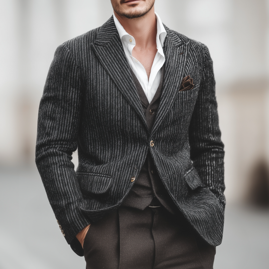 Men's Vintage Wool Blend Striped Peak Lapel Single-breasted Slim-fit Warm Blazer DTT25082202