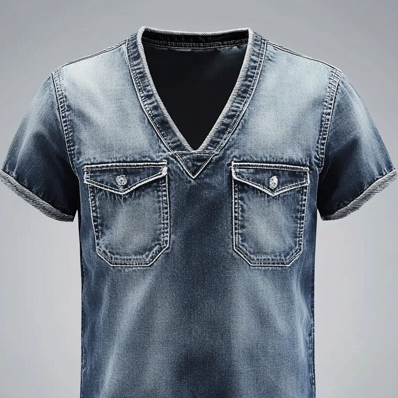 Men's Faded Denim Chest Pocket V Neck Short Sleeve T-Shirt 9913235865784