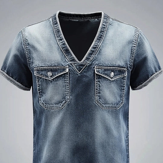 Men's Faded Denim Chest Pocket V Neck Short Sleeve T-Shirt 9913235865784