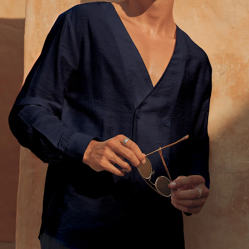 Men's Fashion Casual Tencel Cotton V-neck Double Breasted Long Sleeve Shirt DTT25071701
