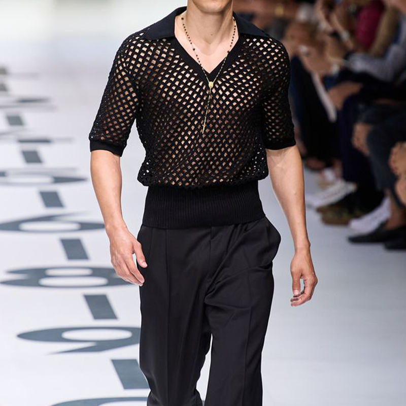 Men's Spring And Summer Fashion Hollow Sexy Knitted Short-sleeved Polo Shirt DTT25071116