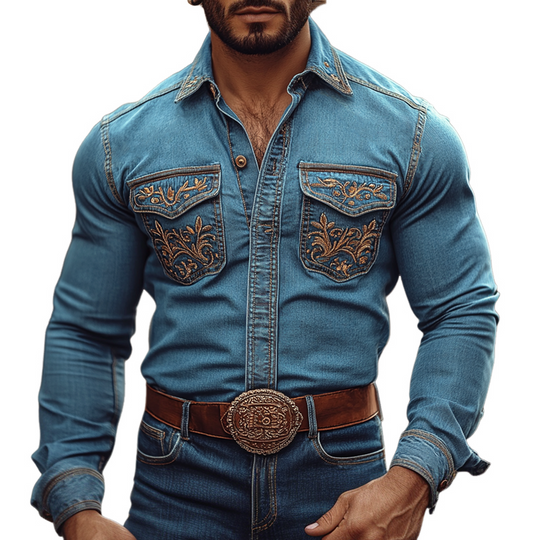 Men's Western Cowboy Style Embroidered Lapel Chest Pocket Long Sleeve Denim Shirt 9905398218936