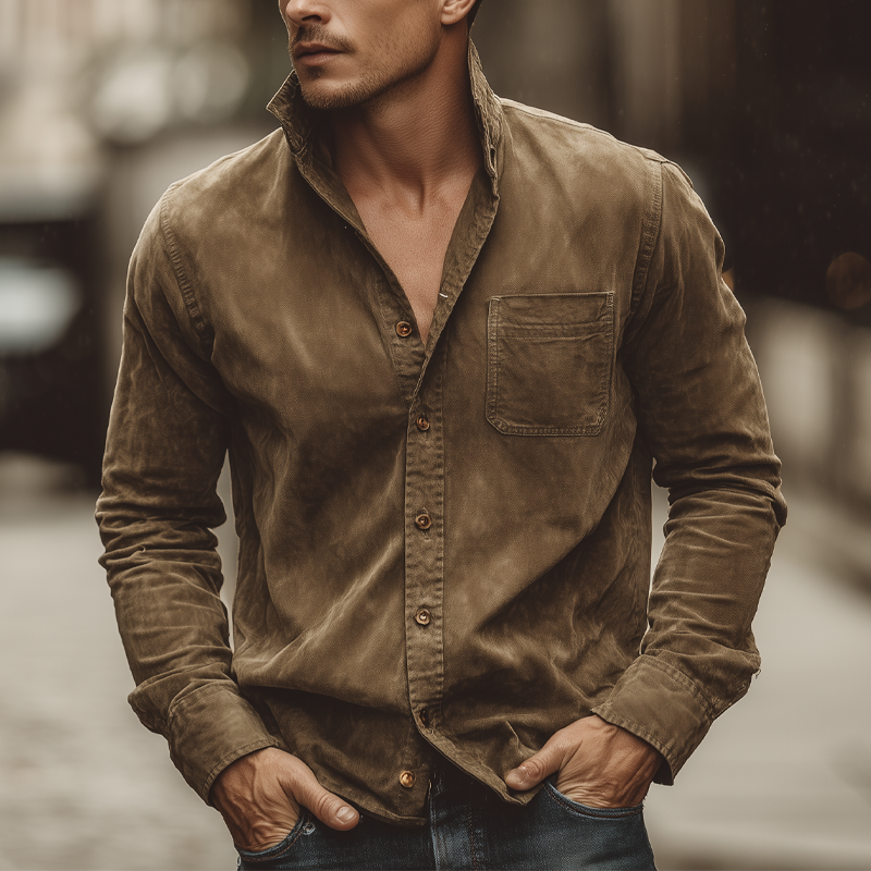 Men's Vintage Suede Lapel Long-sleeved Shirt DTT25081218