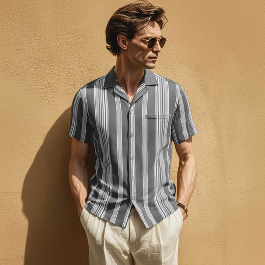 Men's Fashion Breathable Stripe Print Lapel Slim Fit Short Sleeve Shirt DTT25070918
