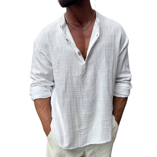 Men's Solid Cotton And Linen Henley Collar Long Sleeve Shirt DTT25060517