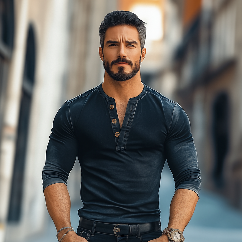 Men's Retro Casual Gradient Print Henley Neck Long Sleeve T-Shirt DTT25070103