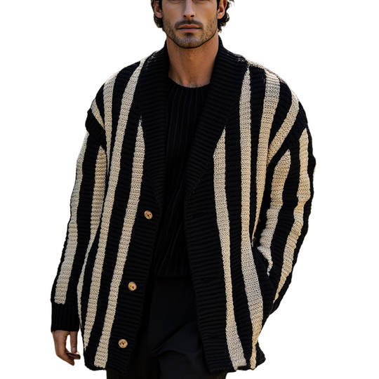 Men's Retro Vertical Striped Lapel Three-Button Knit Cardigan 9906106630328