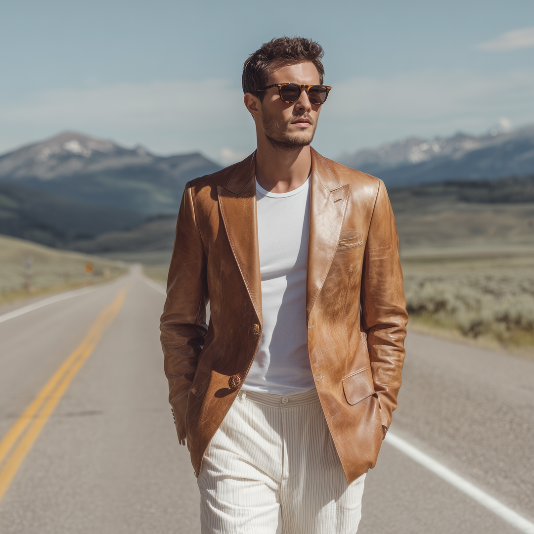 Men's Fashion  Retro Textured Leather Single-breasted Slim-fit Blazer DTT25080601