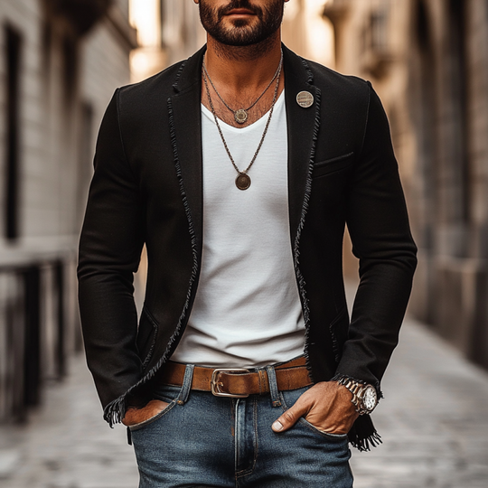 Men's Casual Linen Notch Lapel Single-breasted Patch Pocket Tassel Trim Slim-fit Blazer DDT25052924