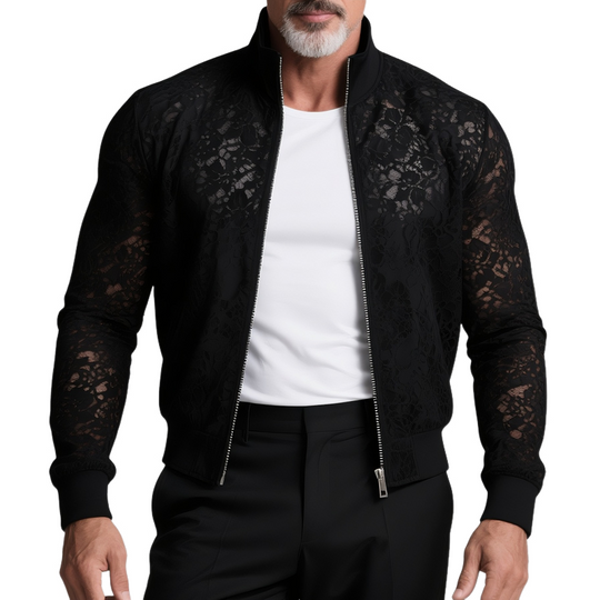 Men's Solid Lace Stand Collar Zipper Slim Jacket DTT25073120