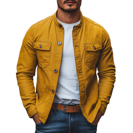 Men's Casual Breathable Solid Color Cotton Stand Collar Single Breasted Multi-pocket Cargo Jacket DTT25070815