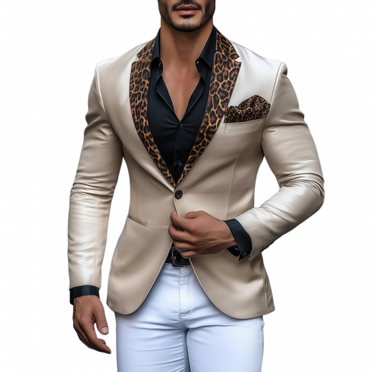Men's Stylish Elegant Leopard Print Satin Patchwork Notch Lapel Single-breasted Slim-fit Blazer DTT25081504