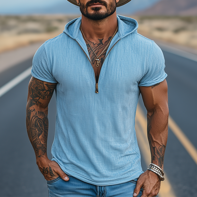 Men's Casual Classic American Western Tough Guy Style Waffle Hooded V-neck Slim Short-sleeved T-shirt DTT25053014