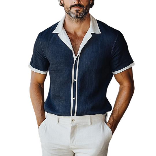 Men's Colorblock Lapel Single Breasted Short Sleeve Shirt DTT25061320