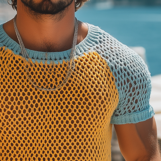 Men's Fashion Casual Hollow Contrast Color Stitching Knitted Round Neck Short-sleeved T-shirt DTT25062606