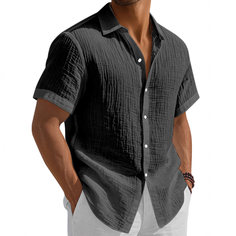 Men's Washed Cotton Solid Color Casual Short Sleeve Shirt DTT25080104